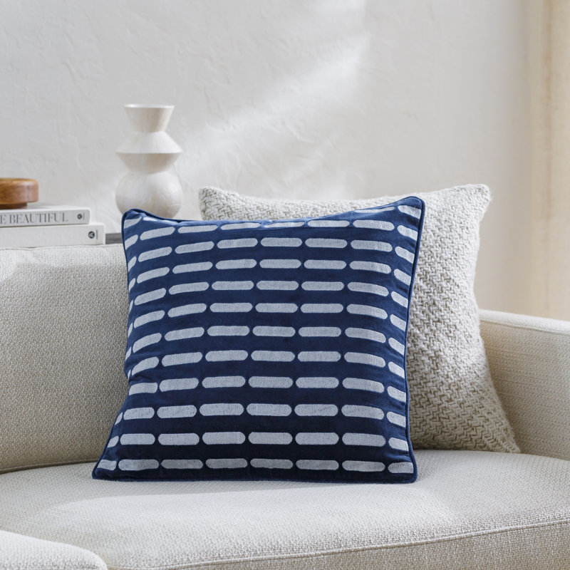 Coussin carré 100% coton Usman, Bleu marine/blanc, H 18 po x l 18 po, Polyester/ Bourre en polyester