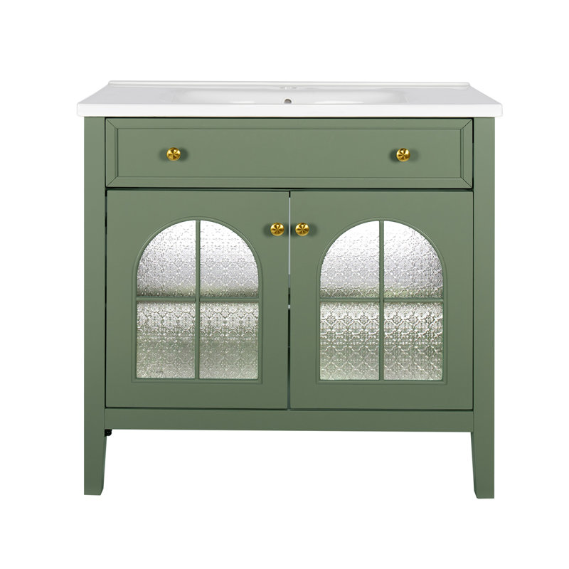 Lavabo de salle de bain 36 po Mid-Century avec verre à motif et bande lumineuse à capteur de mouvement, meuble-lavabo sur pied Farmhouse avec rangement, meuble-lavabo haut de gamme pour salle de bain, vert
