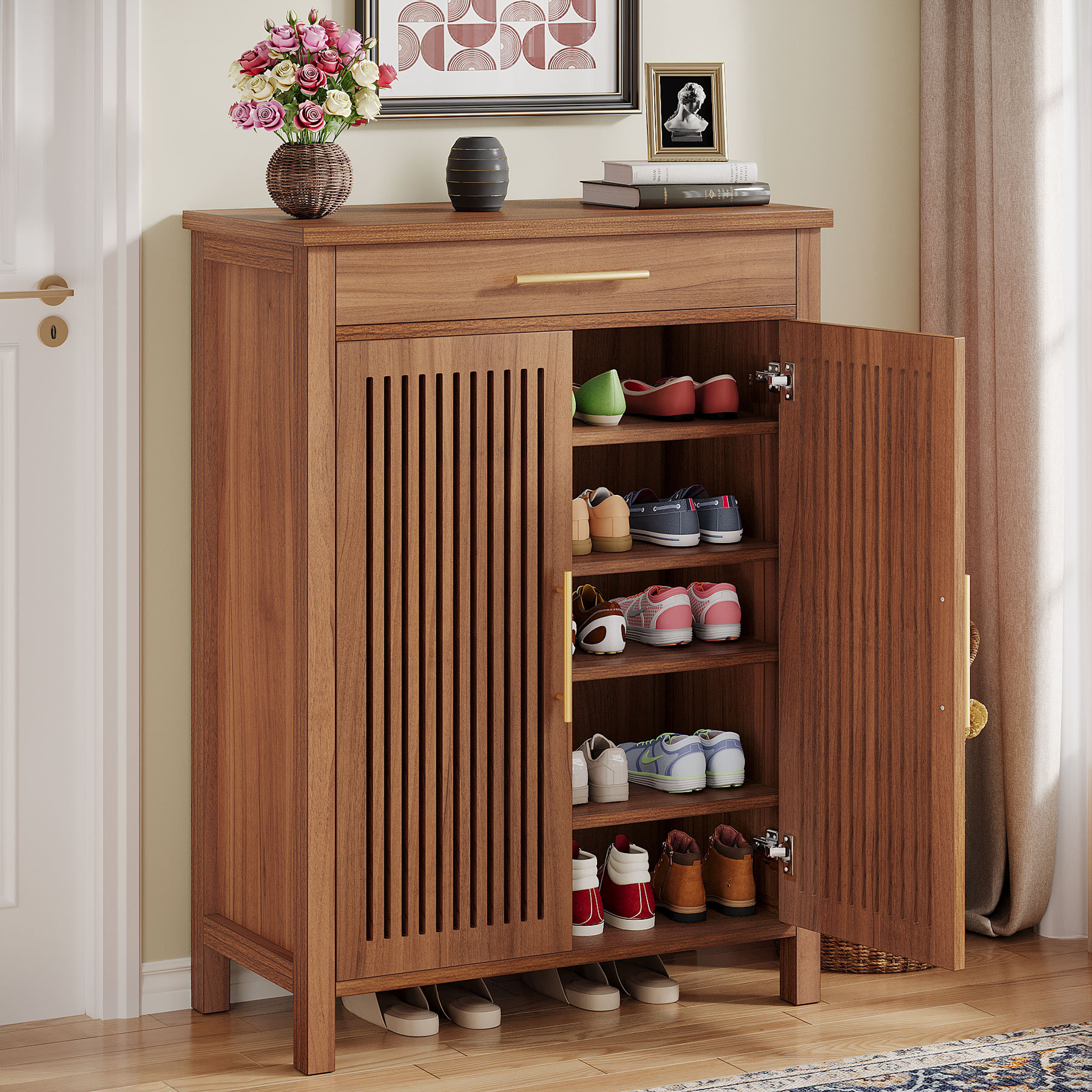 Latitude Run® 5-Tier Shoe Storage Cabinet With Doors And Drawer, Freestanding Wooden Shoe Rack Organizer For Entryway, Hallway, Close & Reviews | Wayfair