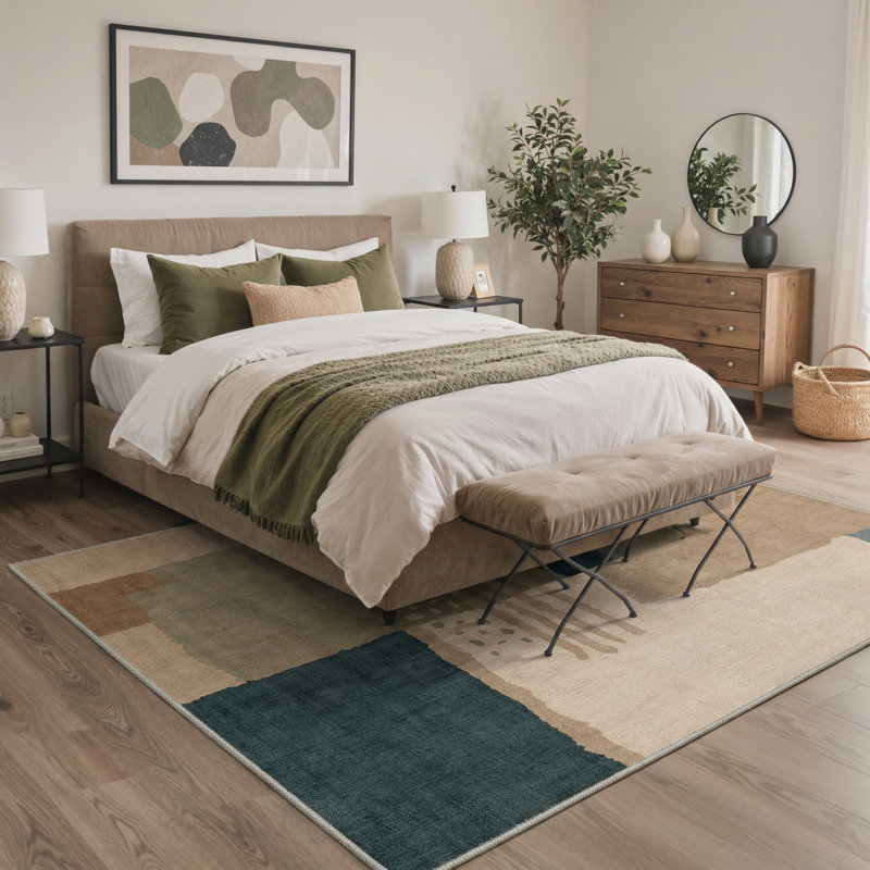 Abstract Blockhaus Vintage Machine Washable Toffee Brown / Beige Block Indoor Area Rug With Non-Slip Backing