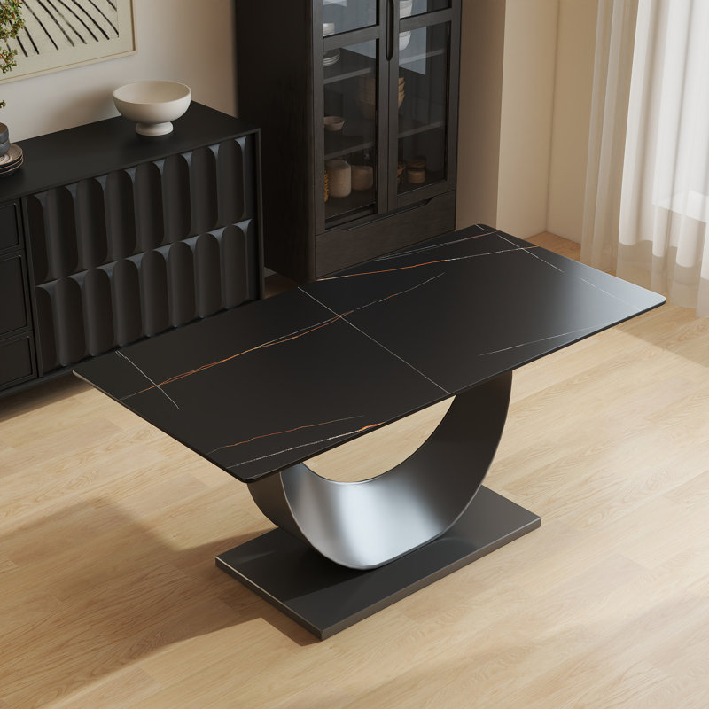 Modern Rectangular Sintered Stone Dining Table With Pedestal Base, Black, 29.21" H x 62.99" L x 31.5" W
