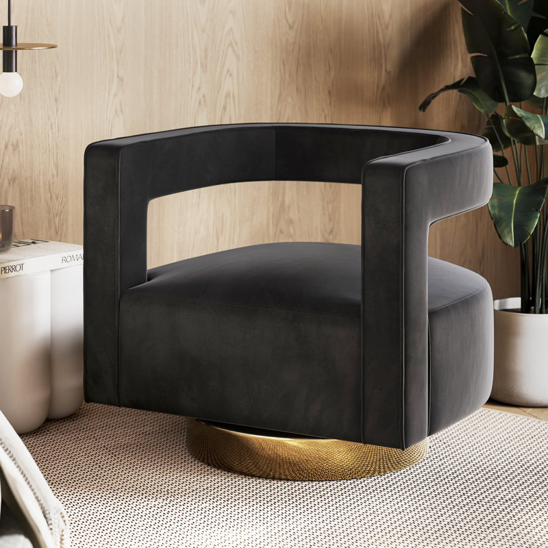 Keegan Upholstered Swivel Barrel Chair, Black Velvet, Gold
