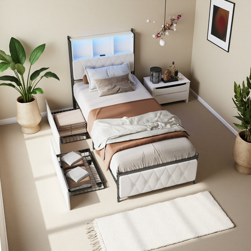 Upholstered Platform Bed Frame With Headboard, Charging Station, LED Lights and Storage Drawers, Kingsize (5')