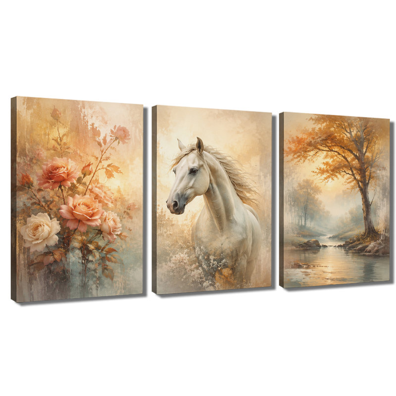 Tableau en 3 panneaux « Cheval blanc, rose, forêt, rivière », impression sur toile tendue pour salon, 24 * 36 pouces * 3