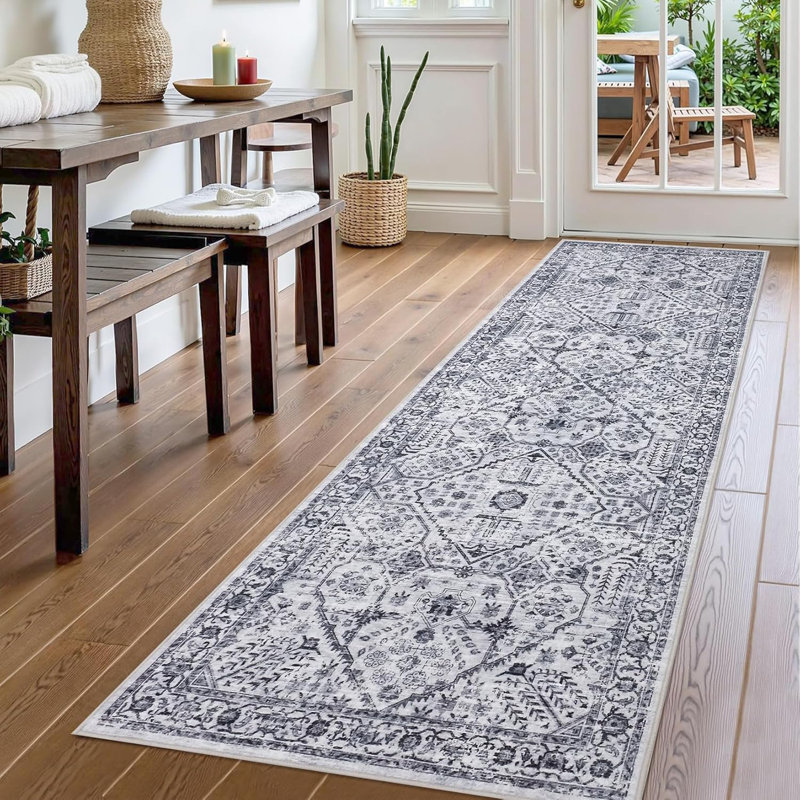 Runner Rug 2x6 Soft Vintage Washable Rug Runners Hallways Non-Slip Runner Low Pile Boho Farmhouse Carpet Runners Laundry Grey
