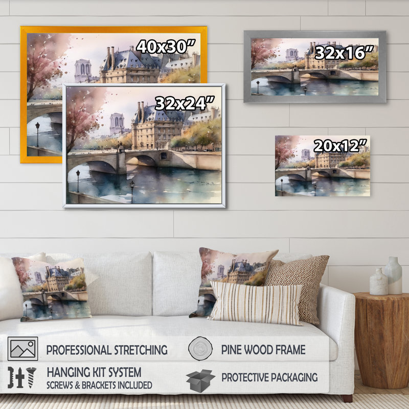Aquarelle de Paris, France IV - reproduction, H 12 po x l 20 po x P 1 po, Toile tendue