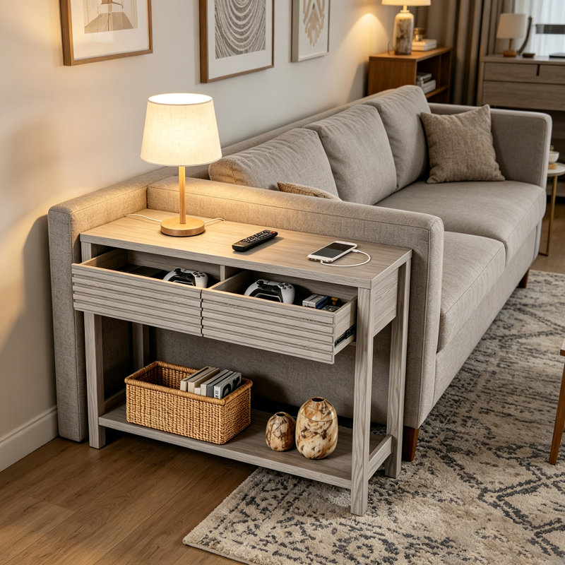 Console cannelée 39,4 "avec tiroirs, table d'entrée étroite avec tablette de rangement, Gris