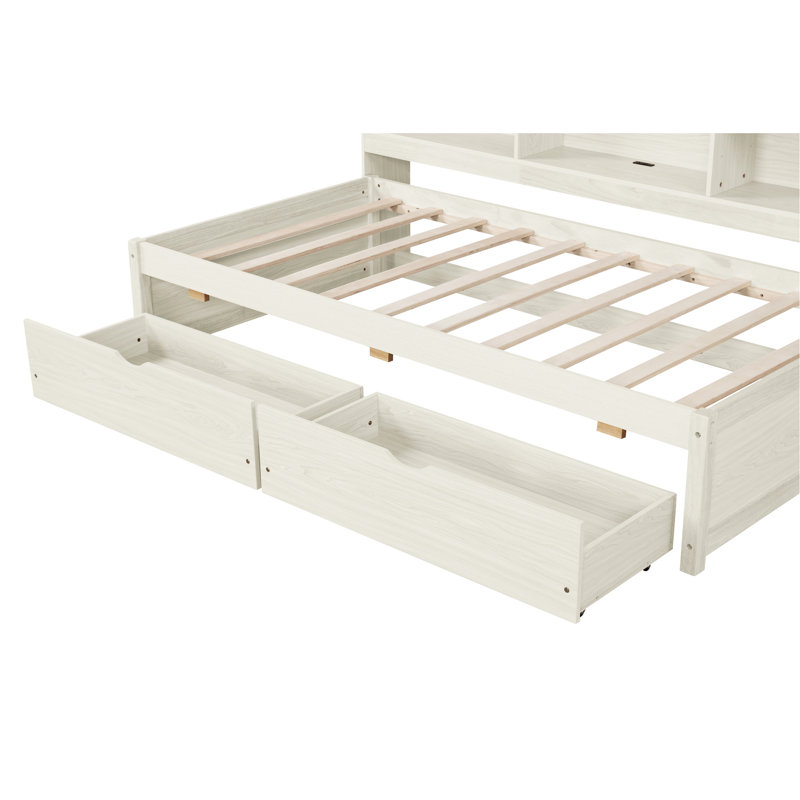 Structure de lit simple avec tablettes latérales et tiroirs, compartiments de port blanc crème et fonction de chargement