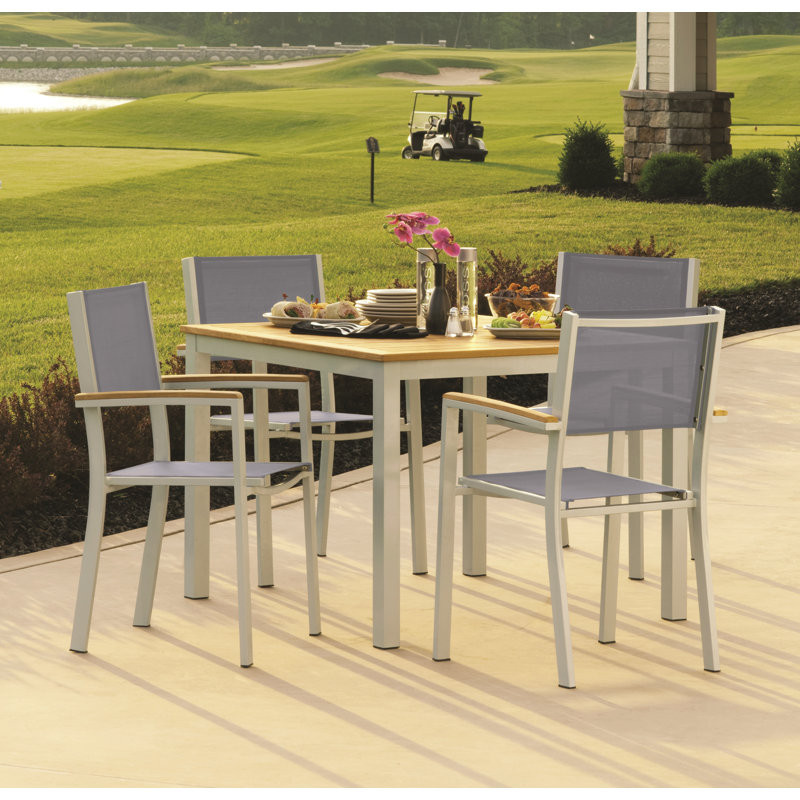 Travira Stacking Patio Arm Chair, Titanium Basketweave, Tekwood Natural, Flint