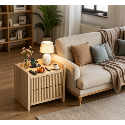 Mid-Century Modern Nightstand with Charging Station, 23.6'' Wide Bedside Table with 2 Drawers & Fluted Panels, Wood End Table with USB & Type-C Ports