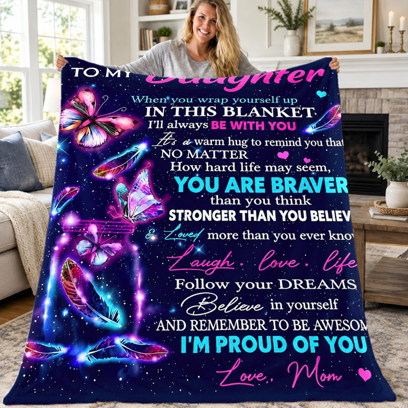 Couverture en flanelle (1 pièce), message inspirant pour ma fille, imprimé papillons et plumes, douce et chaude, idéale pour canapé, lit, salon, chambre d'étudiant, bureau, voyage, décoration intérieure, cadeau toutes saisons