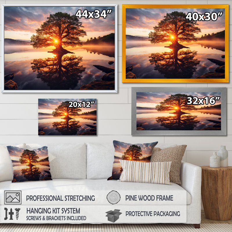 Soleil couchant à travers les arbres au bord du lac sur toile, Cadre photo noir, H 24 po x l 32 po x P 1 po