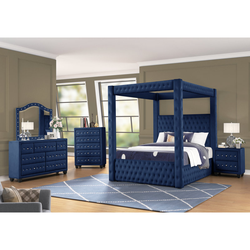 Ensemble de chambre à coucher à baldaquin 5 pièces Janeece, Bleu marine, Grand