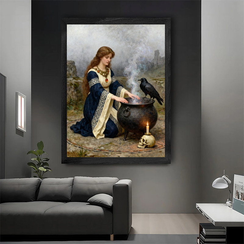 Black Framed Whimsical Witchy Cauldron Wall Art, Vintage Gothic Mystical Portrait Framed Prints, 11" H x 9" W