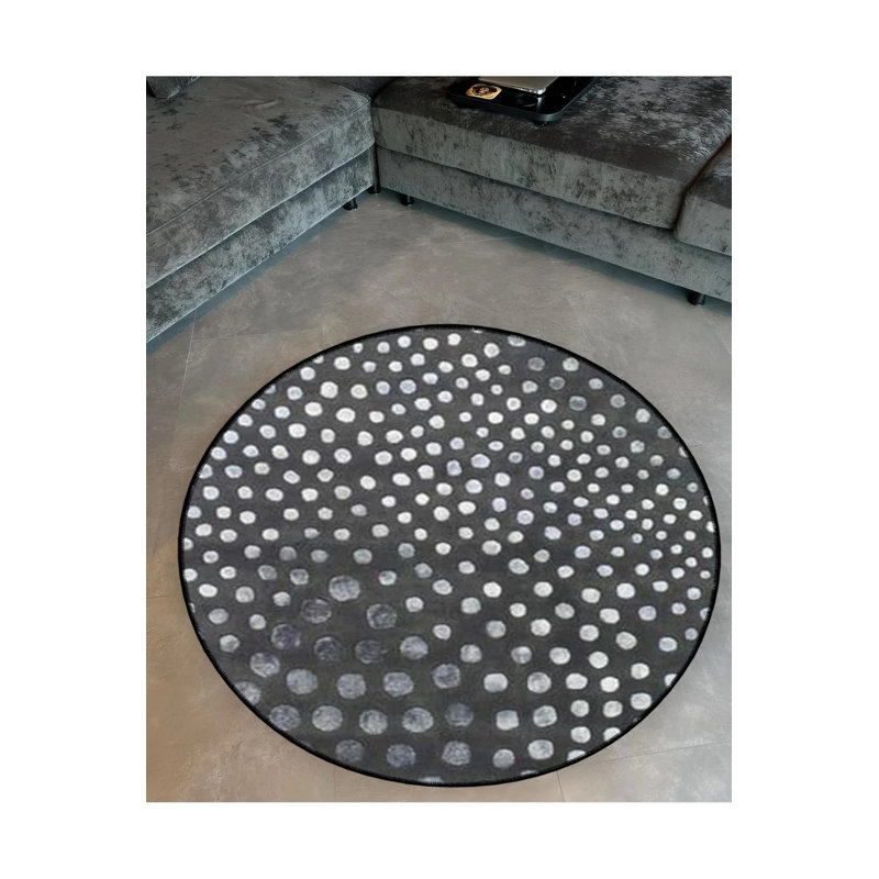 Dark Gray Polka Dot Detailed Woven Base Modern Decorative Carpet, Round 2'8"