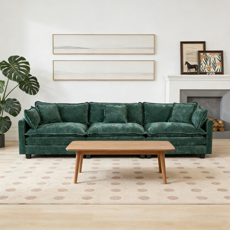 Cloud Sofa 3 Seats (Ottoman Is Not Included), Modern Sectional Couch, For Living Room Bedroom And Apartment, Comfy Double Layer Upholstered Seat Cushion, Breathable Chenille Fabric,Green,SW5013GN