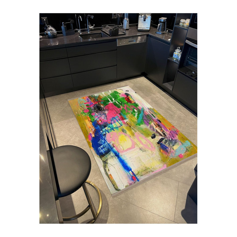 Tapis décoratif lavable à la machine à motif abstrait multicolore, Runner 3'3" x 6'7" Rug Pad Included