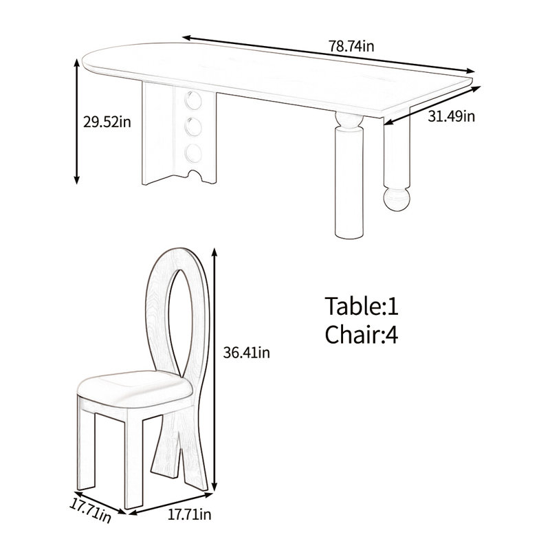 Creative solid wood table dining set, 29.52"H x 78.74"L x 31.49"W