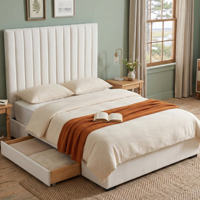 Modern Glam Queen Velvet Upholstered 2-Drawer Storage Platform Bed with 61.4" Tall Vertical Channel Tufted Headboard, Cream 