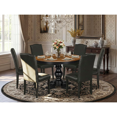 7 Piece Oval Solid Wood Dining Table Set with an Extension Leaf Dining Table and Pedestal Base, 6 Black PU Leather Dinner Chairs with Padded Back, Black