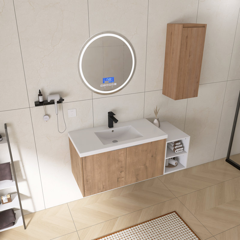 Ensemble de meuble-lavabo double mural 48 po avec lavabo en résine, petite tablette de rangement et armoire murale 48 po, 48"
