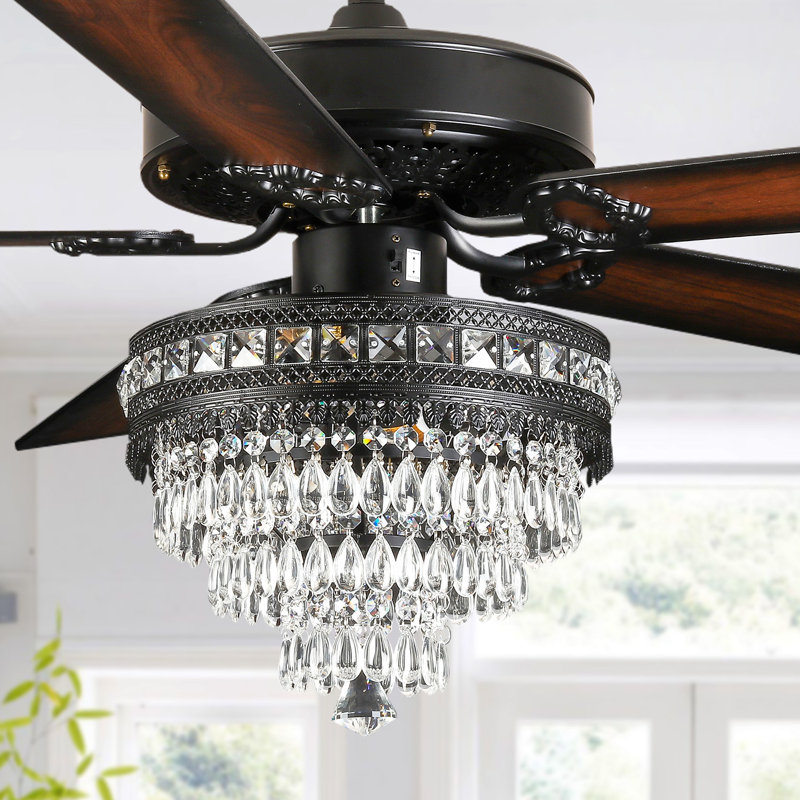 Ventilateur de plafond d'intérieur à 5 pales en cristal avec télécommande et lumière, 52 po de largeur, Noir