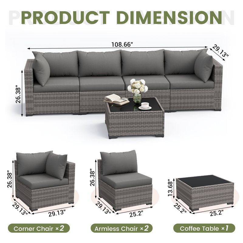 Ensemble de conversation modulaire en rotin 5 pièces avec coussins, Gris