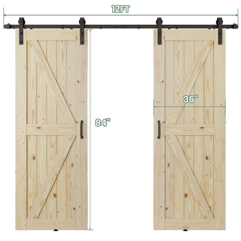 Portes de grange doubles à panneaux en bois massif non finis avec quincaillerie d'installation, 72 po x 84 po