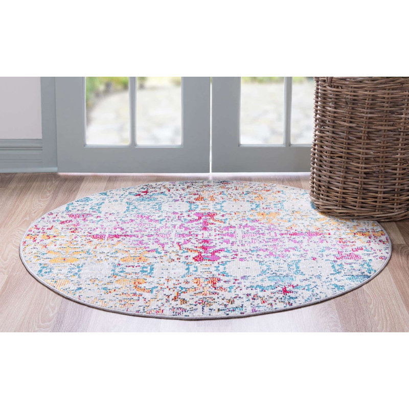  Tapis bleu / gris / rose Power Loom, Rond 7 pi