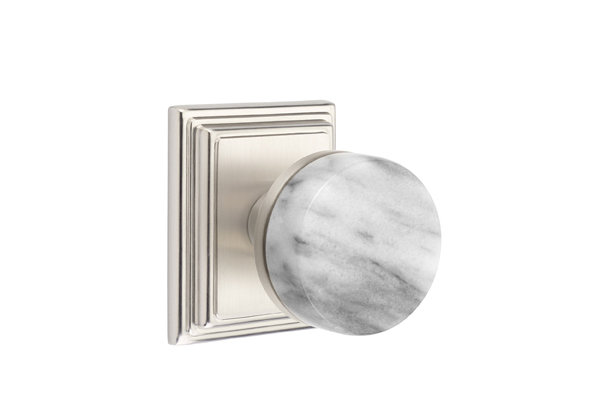 Ensemble de boutons d'intimité Emtek Select, rosette Wilshire, tige conique, bouton en marbre blanc, CF, Nickel satiné