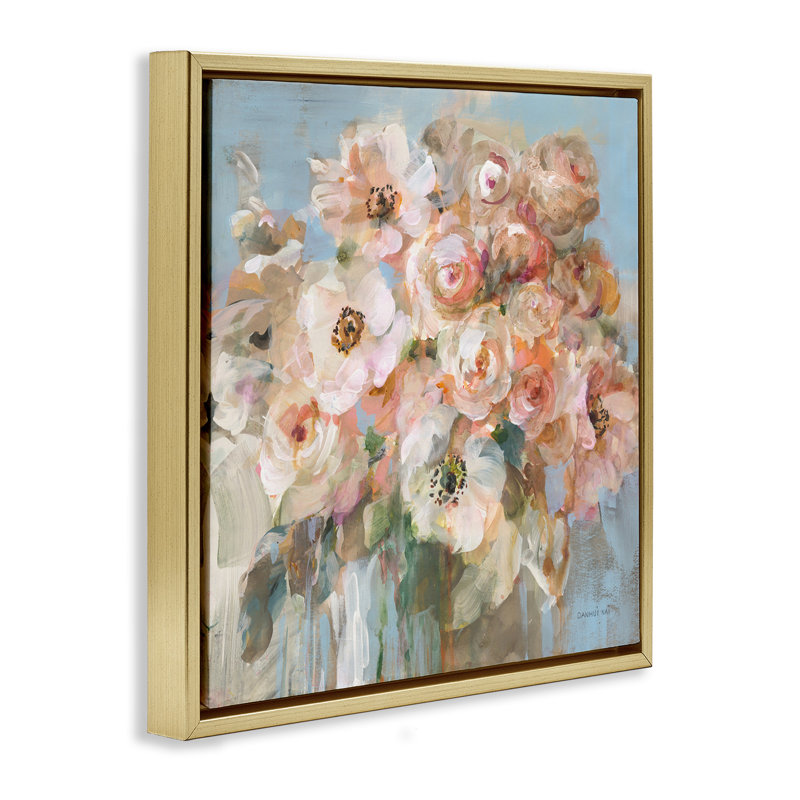 Bouquet de roses, blanc, floral, Cadre flottant métallique doré, H 18 po x l 18 po