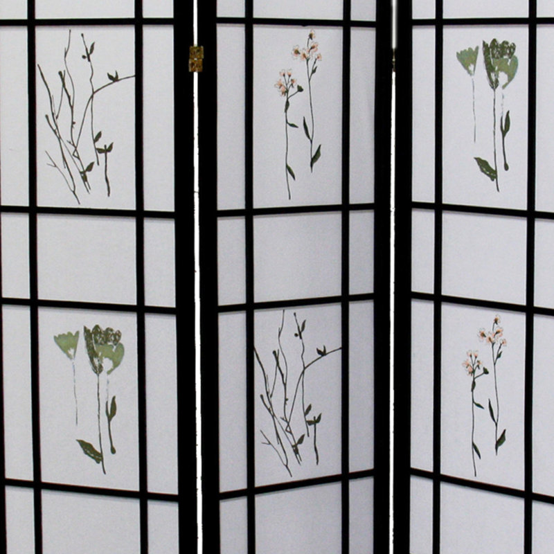 70" High 3 "" Room , Black Color Scheme, Asian Ornament, Solid Pine, Floral Panel Prints, Foldable Screen, Finish, Print Panels,