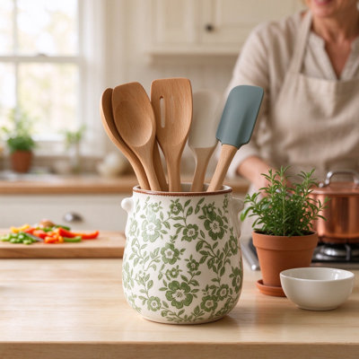 Ceramic Utensil Holder with Floral Pattern, Vintage Farmhouse Kitchen Crock, Large Capacity Cooking Tool Organizer with Non-Slip Base, Rustic Countertop Decor