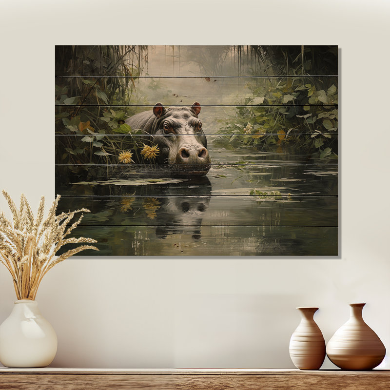 Hippopotame secret Hippo II - Hippopotame sur bois, H 10 po x l 20 po x P 0,78 po