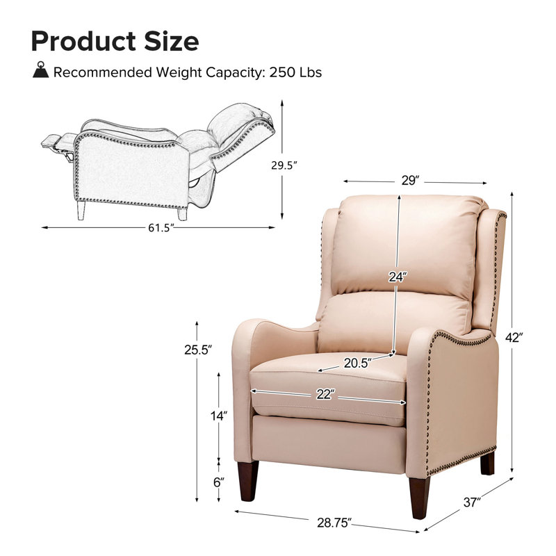 Fauteuil inclinable en cuir Beecher 28,75 po, Cuir pleine fleur rose