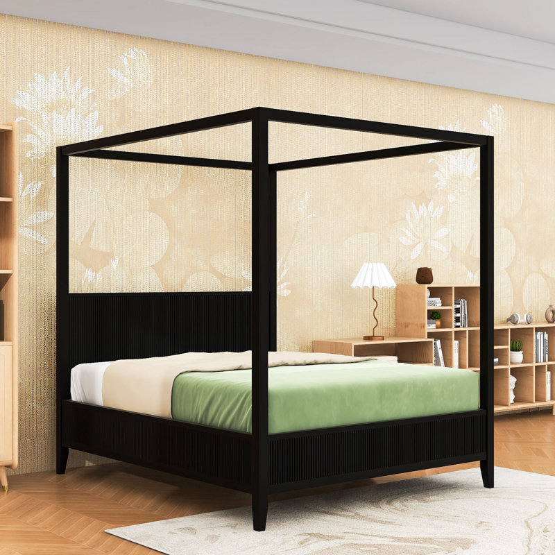 Lit plateforme à baldaquin en bois avec tête de lit et lattes, Queen, Black