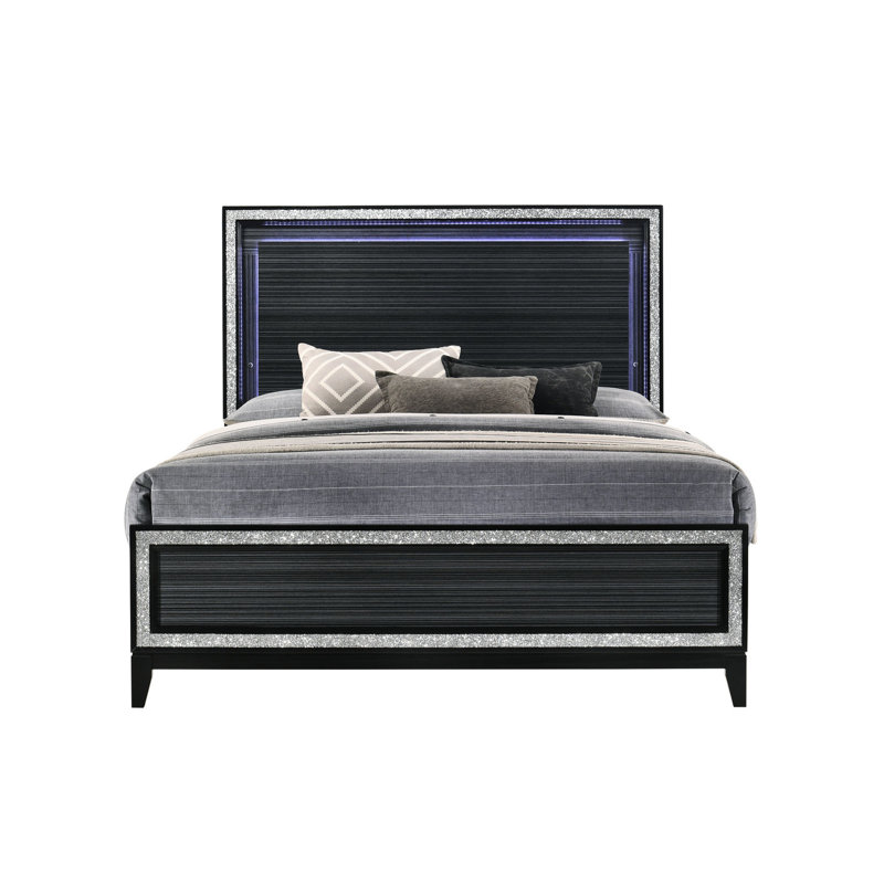 Grand lit à DEL noir patiné - Fabriqué en bois composite, capacité de poids de 660 lb, conception élégante avec éclairage et garnitures décoratives et tête de lit à panneau argentée intégrée