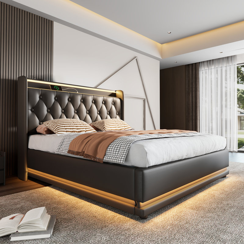 360°LED Upholstered Bed, Twin, Black