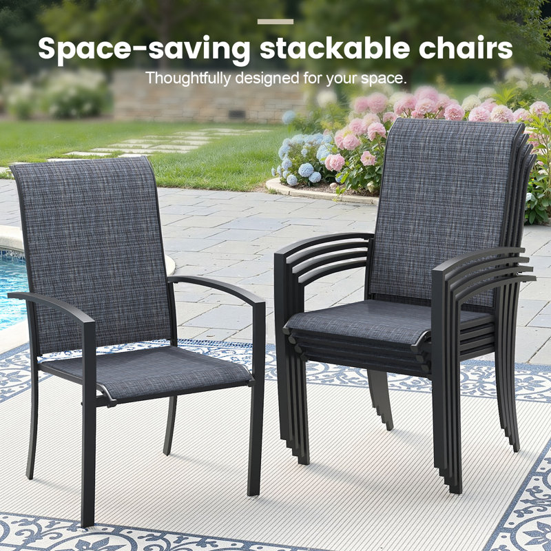 6-Person Round Patio Dining Set With Stackable PVC-Coated Polyester Chairs, Black/Black