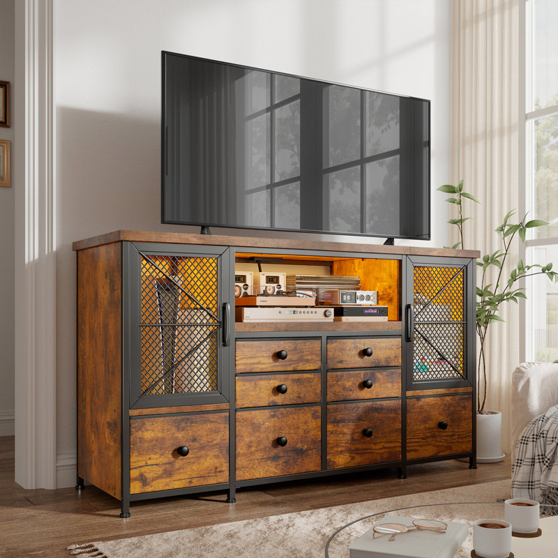Modern 8-drawer Dresser Tv Stand With Metal Mesh Doors & Built-in Outlets - Bedroom Storage, Brown