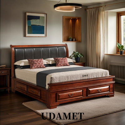 Queen Storage Bed,Oak Sleigh Bed with Dove-Tailed Drawers,No Box Spring Needed