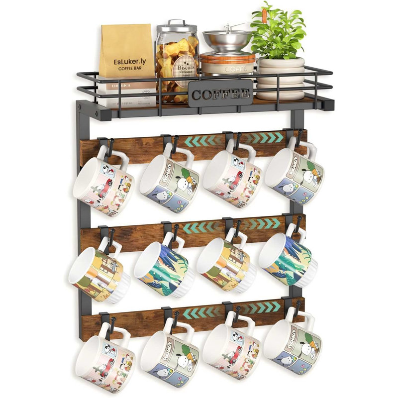 Coffee Mug Holder Cup Hanger Wall Mounted Display Rack,with 12 Movable Plastic Hooks,Brown
