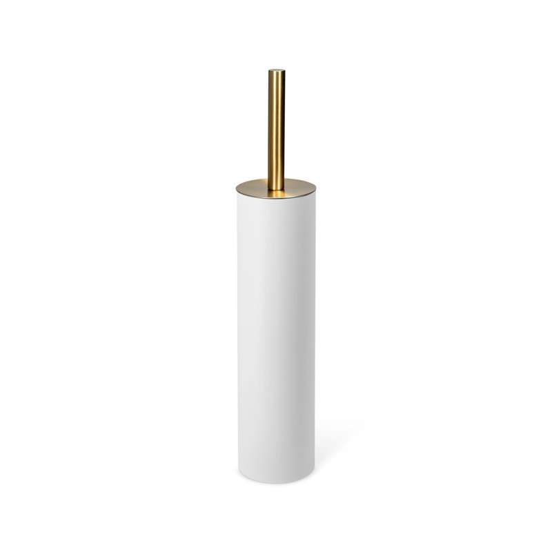 Slim Round Holder, Metal  Removable Plastic Liner Tall  Bathroom Toilet Brush, Soft Touch White and Gold, White/Gold