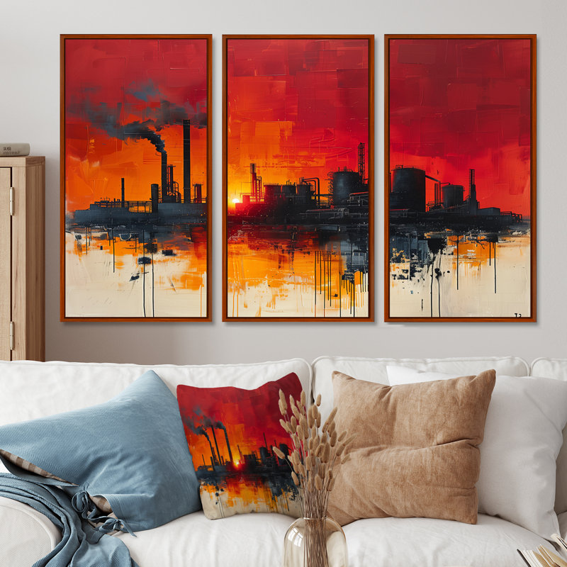 Jaune, rouge, production, Power Factories I - ensemble d'art mural usines, Toile avec cadre flottant brun