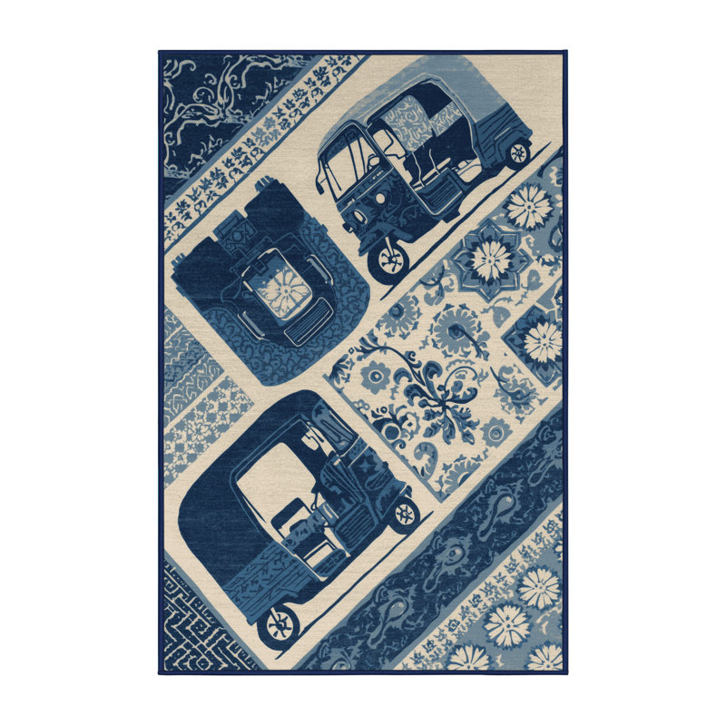 Machine Washable Potts Tuk Tuk Rickshaw Bohemian Block Print Rug in Blue – Navy Binding, 7x10