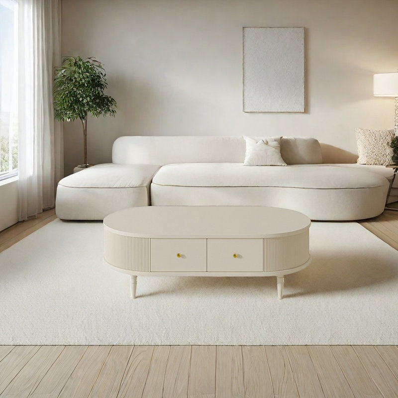 Table basse en bois de style français, H 16,53 po x L 51,18 po x l 27,56 po, Crème, crème