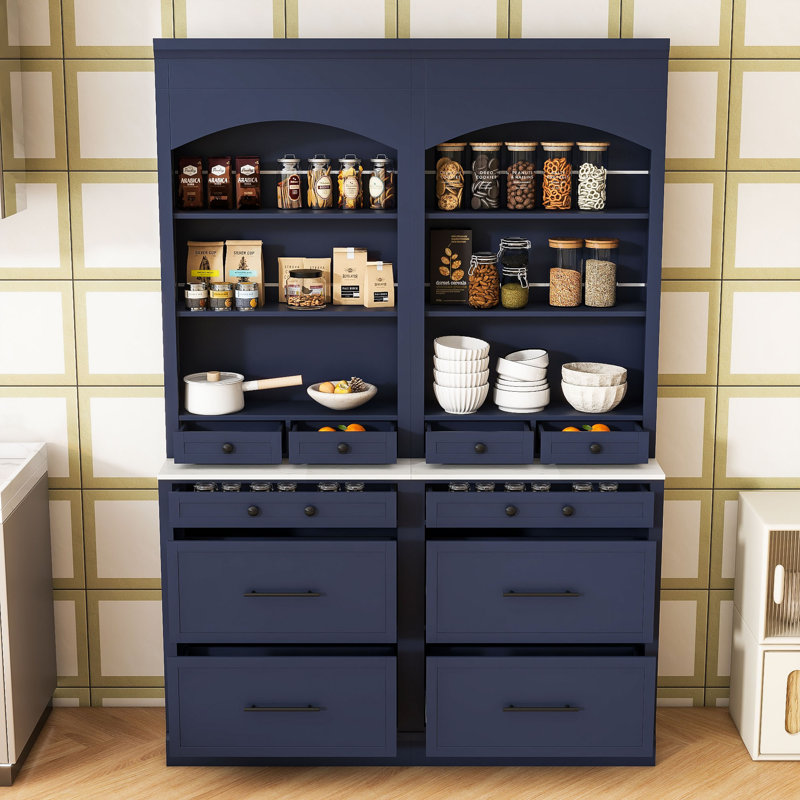 Ensemble de 2 grands garde-manger autoportants avec plateau en faux marbre, tiroirs et tablette réglable, Bleu / Noir