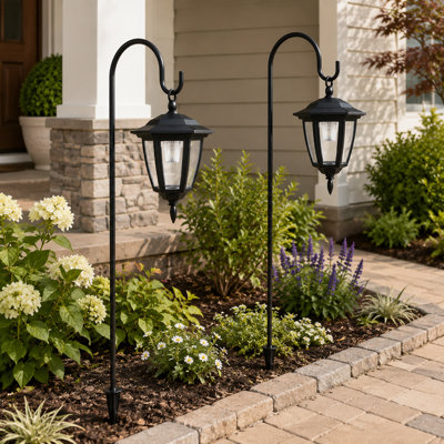 Two Warm White Solar Garden Lanterns with Two 38-Inch Shepherd Hooks, Waterproof Hanging Landscape Lighting for Lawn, Patio, Yard, Pathway and Driveway
