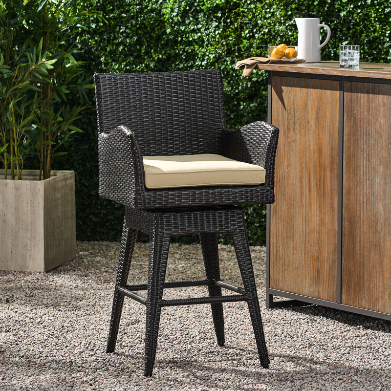 Modern Garden Swivel Stool In Multi With Tapered Legs, Beige Cushion Seat For Backyard Use