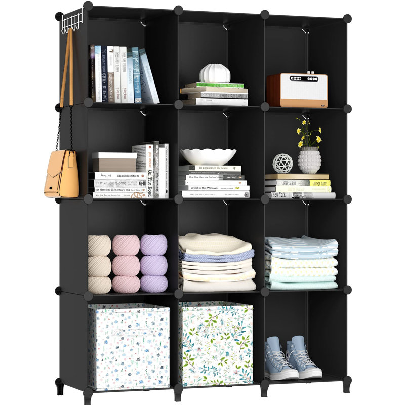 Alvi 304.8cm H Plastic Cube Bookcase, Black, (12 Shelves) 120cm H x 95.5cm W x 30cm D